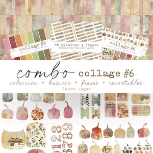 Puede incluir: Un kit de collage con varios diseños de papel y elementos decorativos. El kit incluye hojas de papel, tiras de palabras y formas recortadas. El texto en el kit dice "collage #6" y "96 Palabras y frases". La paleta de colores incluye tonos de rosa, marrón y verde.