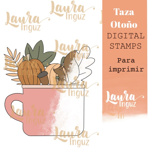 Sello Digital TAZA OTOÑO para IMPRIMIR de Invierno y Navidad. Scrapbooking y cardmaking para adultos y niños. Digistamp By Laura Inguz