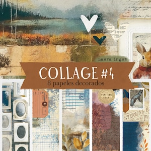 Collagecollectie #4 met 8 digitale gedecoreerde papieren om af te drukken. Scrapbooking, junkjournaal. Laura Inguz