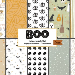 Colección Digital BOO + RECORTABLES. Con 12 Papeles decorados para imprimir. Scrapbook, Cards, Mixed Media. Laura Inguz