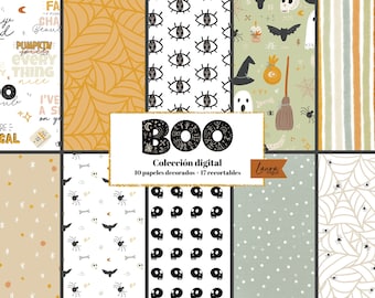 Digital Collection BOO + CUTOUTS. With 12 decorated papers to print. Scrapbook, Cards, Mixed Media. Laura Inguz