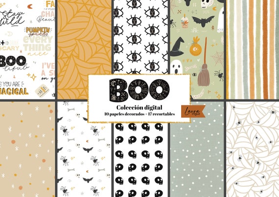 Digital Collection BOO + CUTOUTS. With 12 decorated papers to print. Scrapbook, Cards, Mixed Media. Laura Inguz