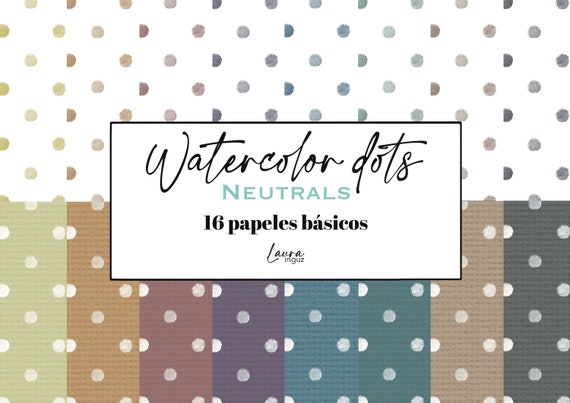 DOTS NEUTRAL papers watercolor dots. 16 basic decorated designs in 8 colors for Scrapbooking, Cardmaking, Mixed Media. Laura Inguz