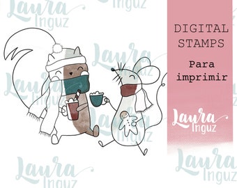 クリスマス RAT と SQUIRREL のデジタル スタンプを印刷します。大人も子供も楽しめるスクラップブッキングとカードメイキング。デジスタンプ By Laura Inguz