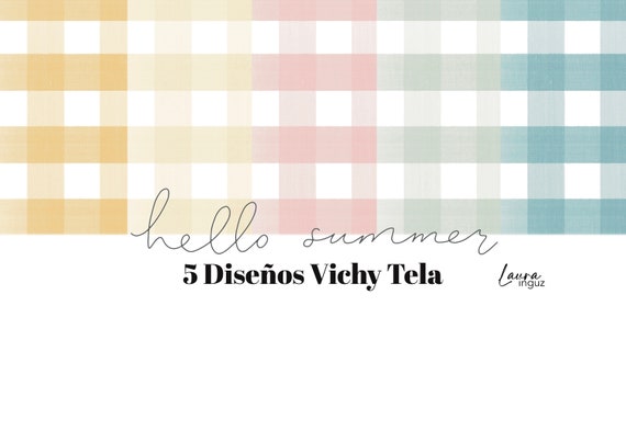 VICHY FABRIC Hello Summer. 5 Vichy decorated papers in 5 colors for Scrapbooking, Cardmaking, Mixed Media. Laura Inguz