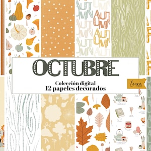 Colección Digital OCTUBRE. Con 12 Papeles decorados para imprimir. Scrapbook, Cards, Mixed Media. Laura Inguz