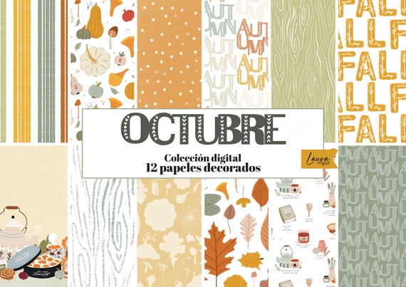 OCTOBER Digital Collection. With 12 decorated papers to print. Scrapbook, Cards, Mixed Media. Laura Inguz
