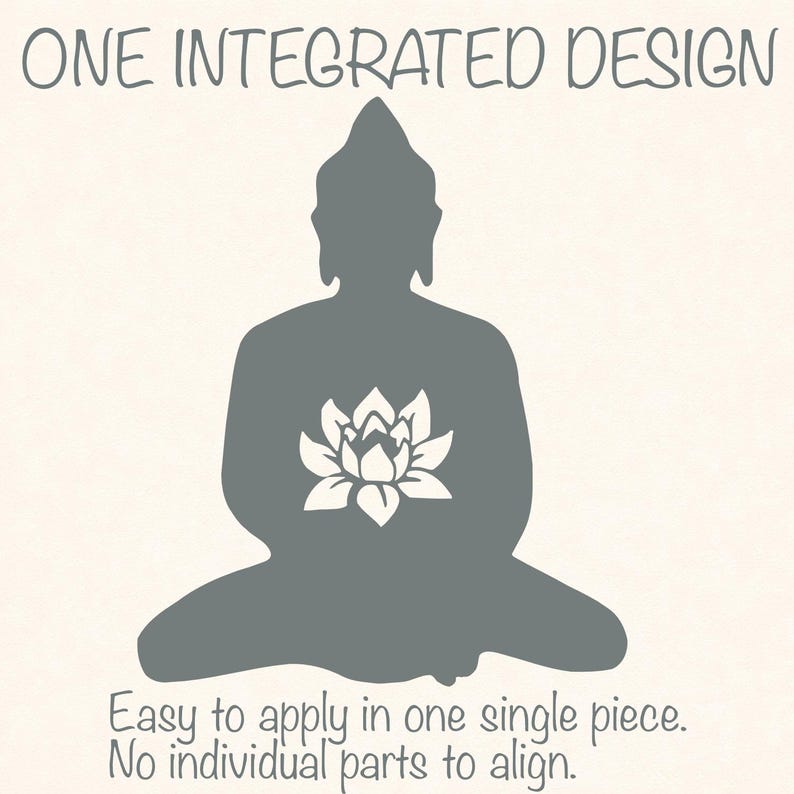 Puede incluir: Silueta gris de un Buda sentado con una flor de loto blanca en el pecho. El texto "ONE INTEGRATED DESIGN" est&aacute; en la parte superior, con el texto "Easy to apply in one single piece. No individual parts to align." en la parte inferior.
