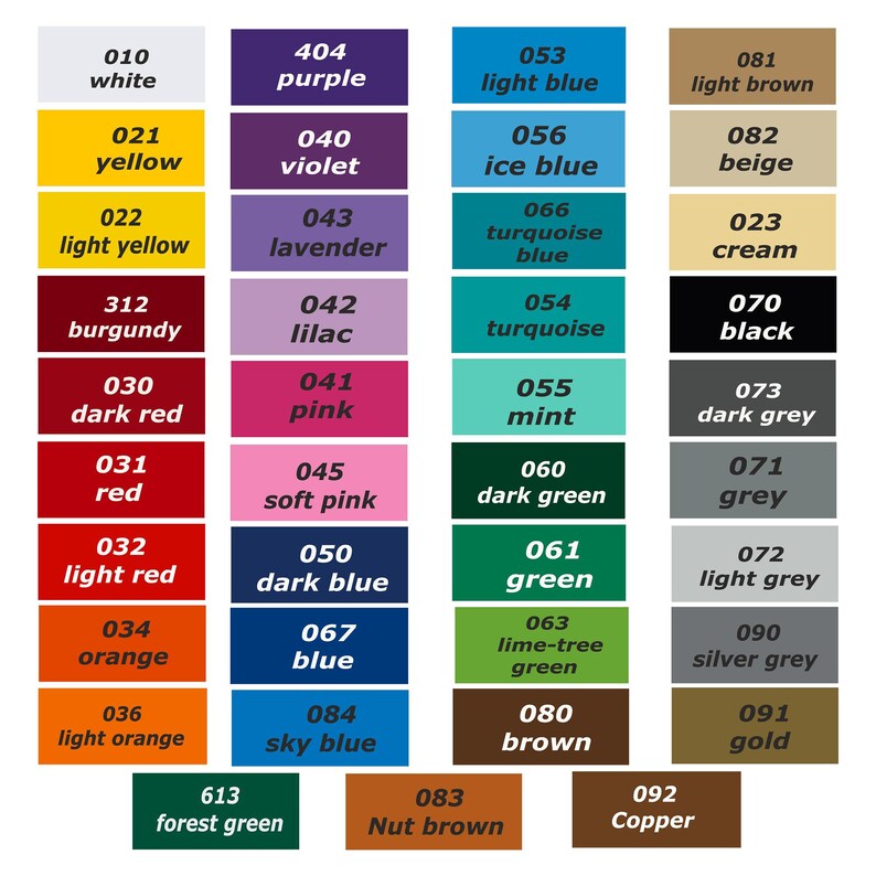 Puede incluir: Tabla de colores con muestras numeradas y con nombre. Los colores incluyen blanco, amarillo, rojo, azul, verde, morado y marr&oacute;n, con variaciones claras, oscuras y suaves. &Uacute;til para la selecci&oacute;n de colores.