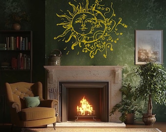 Calcomanía de pared Boho Sol y Luna: vinilo étnico, decoración extraíble para dormitorio
