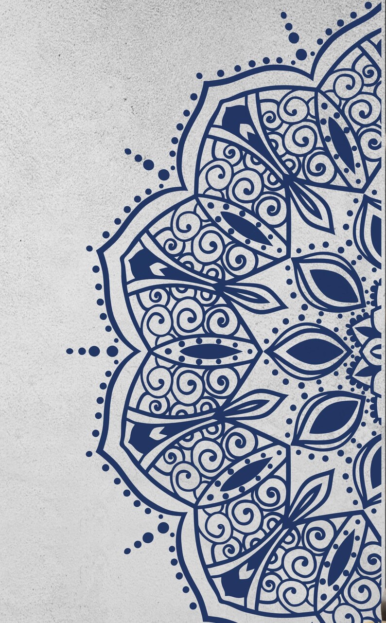 May include: A detailed, navy blue mandala design on a light gray background. The symmetrical pattern features intricate swirls, leaf shapes, and dotted accents, creating a visually appealing and balanced composition. The design is a partial view, showcasing the edge of the mandala.