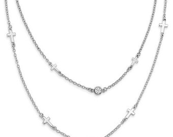 Jewel Tie Sterling Silver Gold & Rose Gold-Toned CZ Cubic Zirconia with 2in Ext Necklace Chain 1.4mm