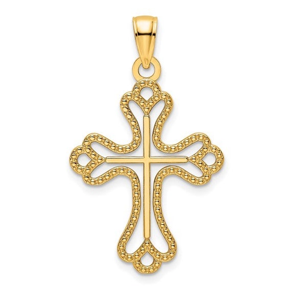 14K White Gold Polished Beaded Cross Pendant