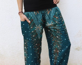 Pantalon de pompage ORIENTAL FEATHERS *Turquoise* sarouel pour femme en viscose pantalon de yoga