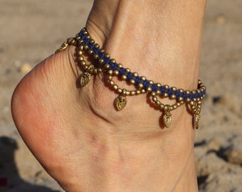 Anklet *Blue/Gold* Macramé necklace with brass beads