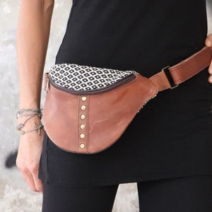 Leather bum bag with handwoven cotton fabric Leather bag LIDA *STEREO* Belt bag Leather hip bag