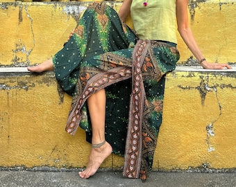 Palazzo pants skirt ORIENTAL FEATHER *Green* made of smooth viscose