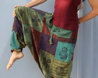 Harem pants PATCHWORK unisex with BLOCK PRINT *green/petrol*