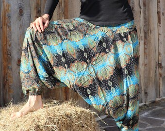 airy harem pants PAISLEY motif *light blue/black* trouser dress viscose yoga pants festival