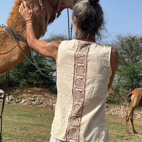 Ethnic vest AKEMI with block print unisex HEMP