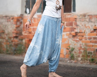 Weiche Haremshose ANI *Stonewash Hellblau* Unisex Aladin Alibabahose tiefer Schritt aus weicher Baumwolle