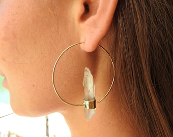 Earrings CRYSTAL with rock crystal spirals made of brass with quartz