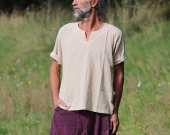 Unisex Hemd *Natur* aus luftiger Baumwolle | Herren Kurzarm Fisherman Kurtha | leichtes Männer Hemd