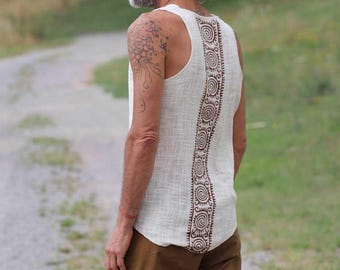 Ethno Tank Top SURYA *Natur* mit traditionellem indigenem Blockprint Muster | luftiges Männer Shirt aus naturbelassener Baumwolle