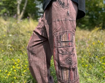 Haremshose mit Taschen und Spirale Goa Herren Hippie Freizeithose mit Taschen Chillhose Damen Pumphose Festival style | Stonewash Braun