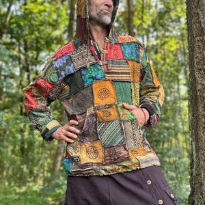 Hippie Patchwork Hoodie Unisex Herren Kapuzenpulli Baja Goa Hoodie Damen Patchworkdesign Pulli mit Blockdruck