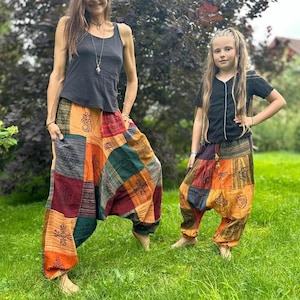 Pantaloni harem, taglia 140-164 | Stonewash patchwork | Pantaloni Goa unisex per bambini