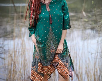 Casual Kaftan Tunic ORIENTAL Airy Viscose Summer Tunic S–XXL GREEN Plus Size Tunic with Peacock Feather Pattern | Wide Women's Shirt