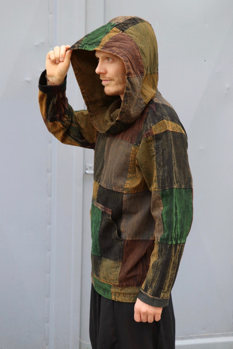 Patchwork hoodie men overcoat GREEN image 3