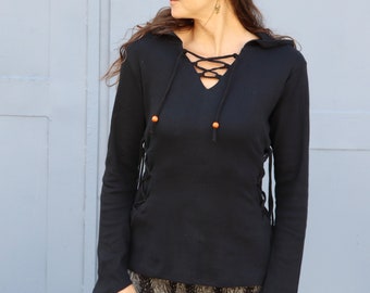 Lace-up sweater with pointed hood BLACK Medieval sweater elves witches pixie