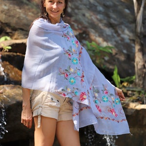 Light scarf with embroidery LAVENDER GREY summer scarf neckerchief