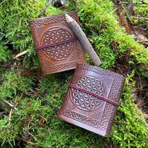 May include: Two brown leather journals with embossed geometric designs and burgundy elastic closures rest on a bed of green moss. A wooden pencil lies across the journals, adding a natural element.