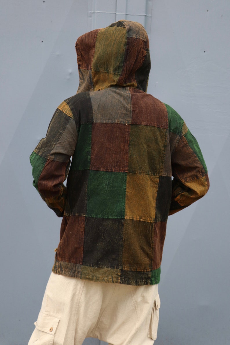 Patchwork hoodie men overcoat GREEN image 4