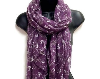 Small Leaves Stem Purple Scarf,Spring Summer Scarf,Autumn Scarf,Scarf And Wraps,Gifts For Her,Gifts Gor Mother,Printed Scarf,Christmas Gifts