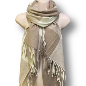Beige Brown Autumn Winter Scarf with Block Pattern,Scarf for Women,Gifts for Mom,Perfect Gift for Her Birthday and Christmas