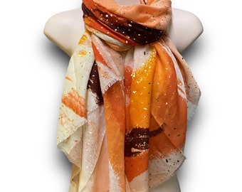 Watercolour Brushstroke With Gold Flakes Orange Scarf/Spring Summer Autumn Scarf/Gifts For Mom/Gifts For Her Birthday Christmas/Scarf Women