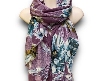 Peonías patrón de flores púrpura mezcla de algodón bufanda / primavera verano otoño bufanda / regalos para la madre / bufanda mujeres / regalos de cumpleaños / regalos de Navidad