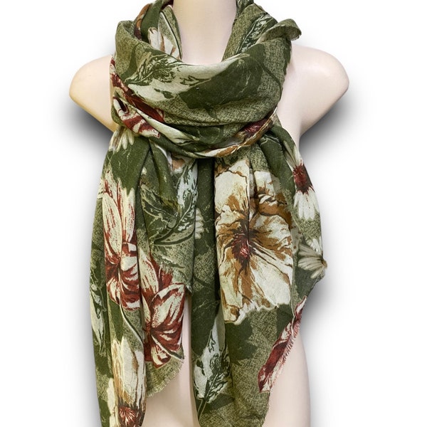 Peonies Flower Pattern Green Cotton Blend Scarf/ Spring Summer Autumn Scarf/Gifts For Mother/Scarf Women/Birthday Gifts/Christmas Gifts