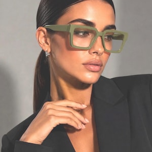 Oversized Pistachio Green Blue Light Glasses,Unisex Square Frame Eyewear,Anti Blue Light Computer Glasses,Fashion Statement Frames