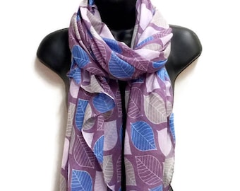 Leafs Pattern Turquoise Purple Scarf,Spring Summer Scarf,Gifts For Her,Gifts For Mother,Women Scarf,Printed Scarf,Christmas Gifts