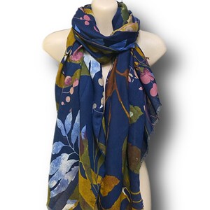 Navy Blue Cotton Scarf With Watercolor Leaves Pattern