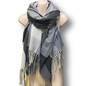Stylish Unisex Blue Grey Checked Pattern Autumn Winter Scarf - Perfect Gift for Her Birthday and Christmas