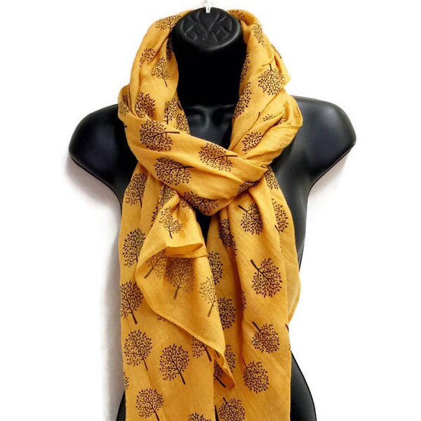 Mulberry Tree Pattern Mustard Yellow Scarf,Spring Summer Scarf,Gifts For Her,Printed Scarf,Gifts for Mother,Women Scarf,Christmas Gifts