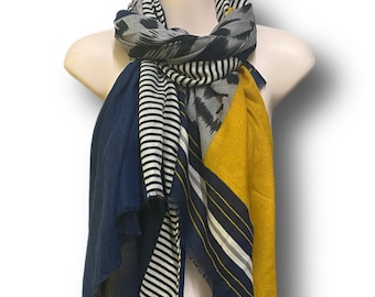 Leopard X Lines Pattern in Grey Yellow Black Cotton Blend Scarf,scarf for women,perfect for all season,great gifts for her,mom and birthday