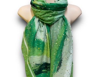Watercolour Brushstroke With Gold Flakes Green Scarf/Spring Summer Autumn Scarf/Gifts For Mom/Gifts For Her Birthday Christmas/Scarf Women