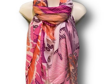 Huge Sketched Flowers Pink Cotton Scarf for Women,All Season Scarf,Great Gifts for Her,Birthday,Christmas and Mother Day’s